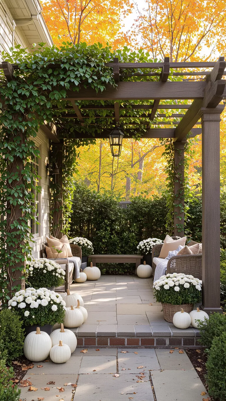 A professional photo, similar to a photo in a home design magazine, of a charming outdoor pergola adorned with lush greenery and white pumpkins, creating an autumnal feast for the eyes.