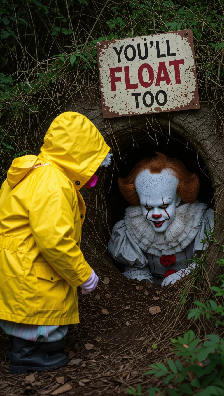 A photo of a yellow-raincoat-clad figure peering into a burrow where Pennywise the Clown peeks out, with 'You'll Float Too' sign.
