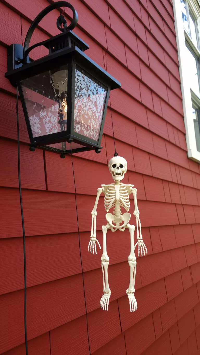 A photo of a small skeleton hanging from a black outdoor lantern, suspended against a red-shingled building, suggesting a spooky decoration.