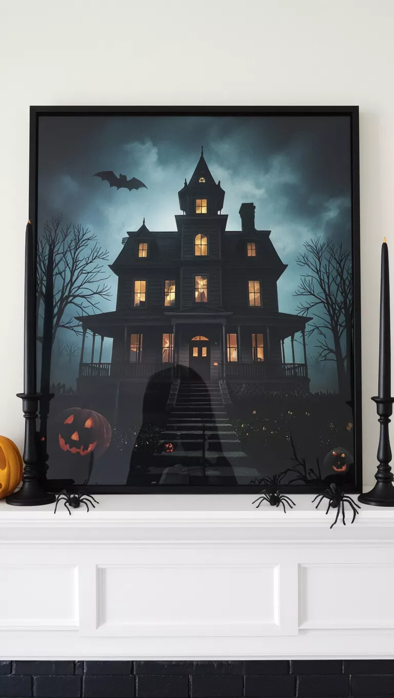A photo of a fireplace mantel adorned with a large framed print of a haunted house under a gloomy sky, flanked by black taper candle holders and small spider figures.