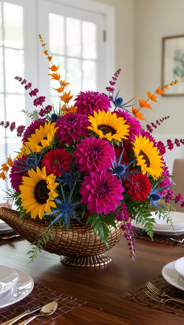 A photo of a dining room table featuring a very colorful fall centerpiece with fuchsia dahlias, electric blue thistles, bright orange bittersweet, and yellow sunflowers spilling from a cornucopia.