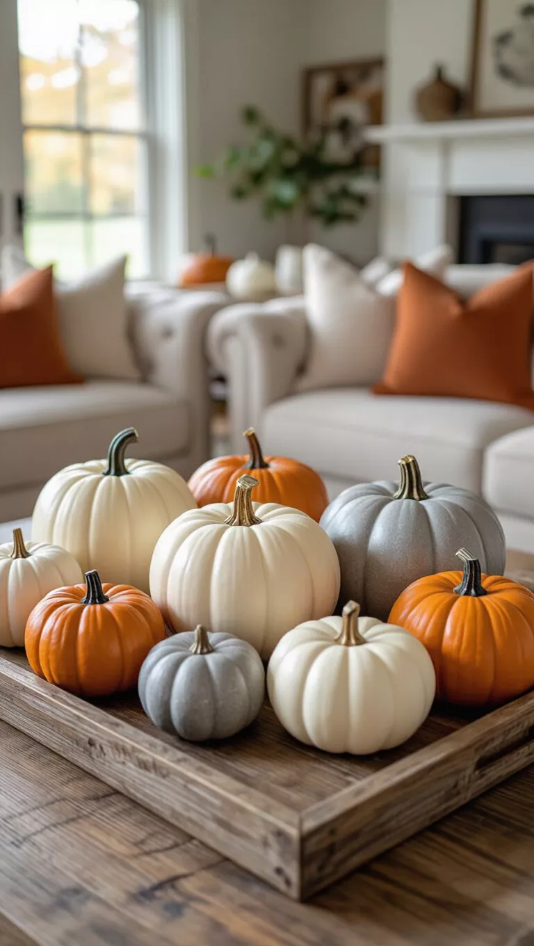 A photo of a living room table featuring a decorative pumpkin centerpiece with various sizes and textures of faux pumpkins in shades of cream, grey, and soft orange, on a rustic tray.