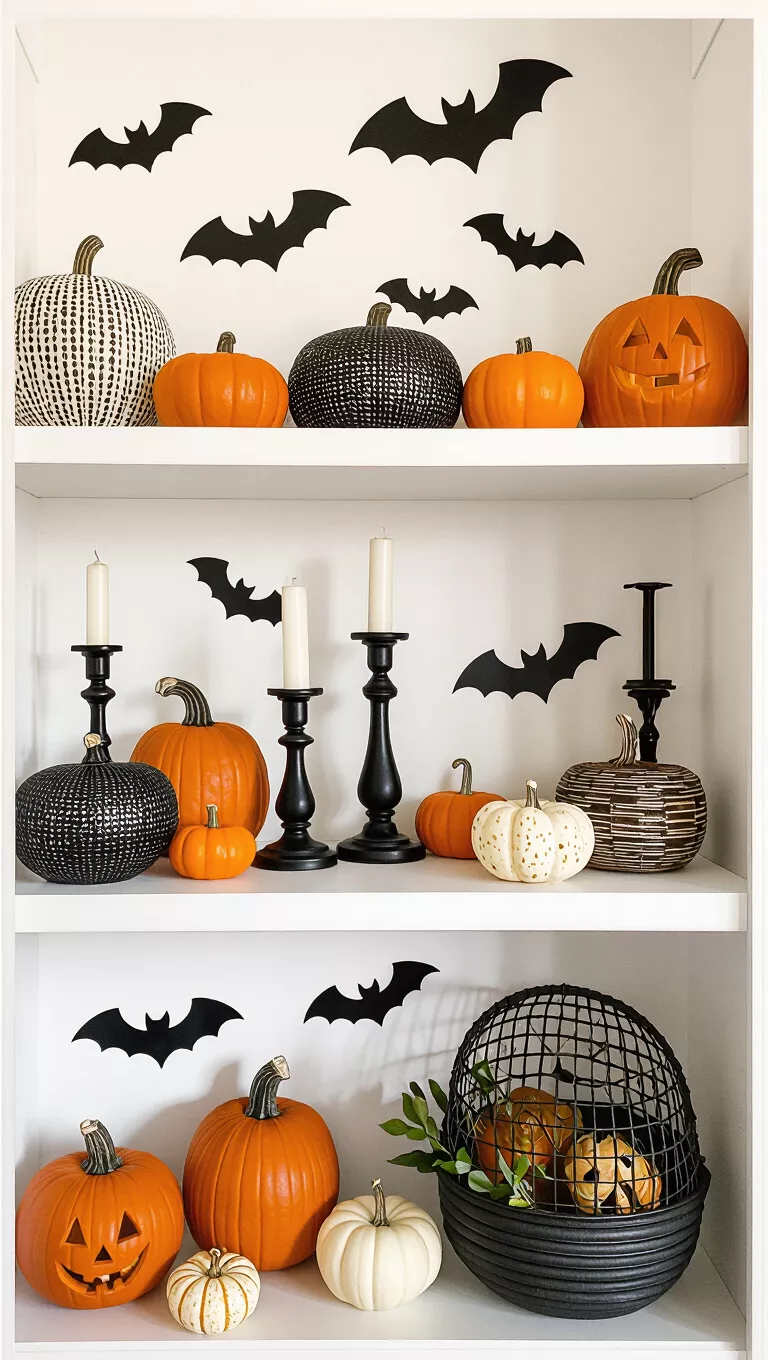 A photo of charming Halloween decor on two shelves, featuring pumpkins, bat wall decals, candlesticks, and seasonal accents.