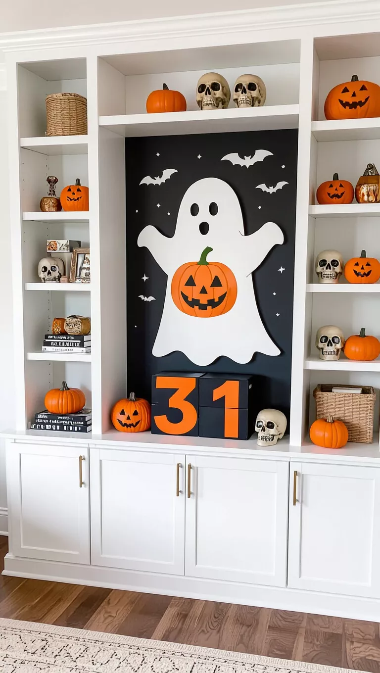 A photo of a living room, a white bookshelf holds a large ghost holding a pumpkin, mini pumpkins, skulls, and a '31' block, alongside everyday items for Halloween.