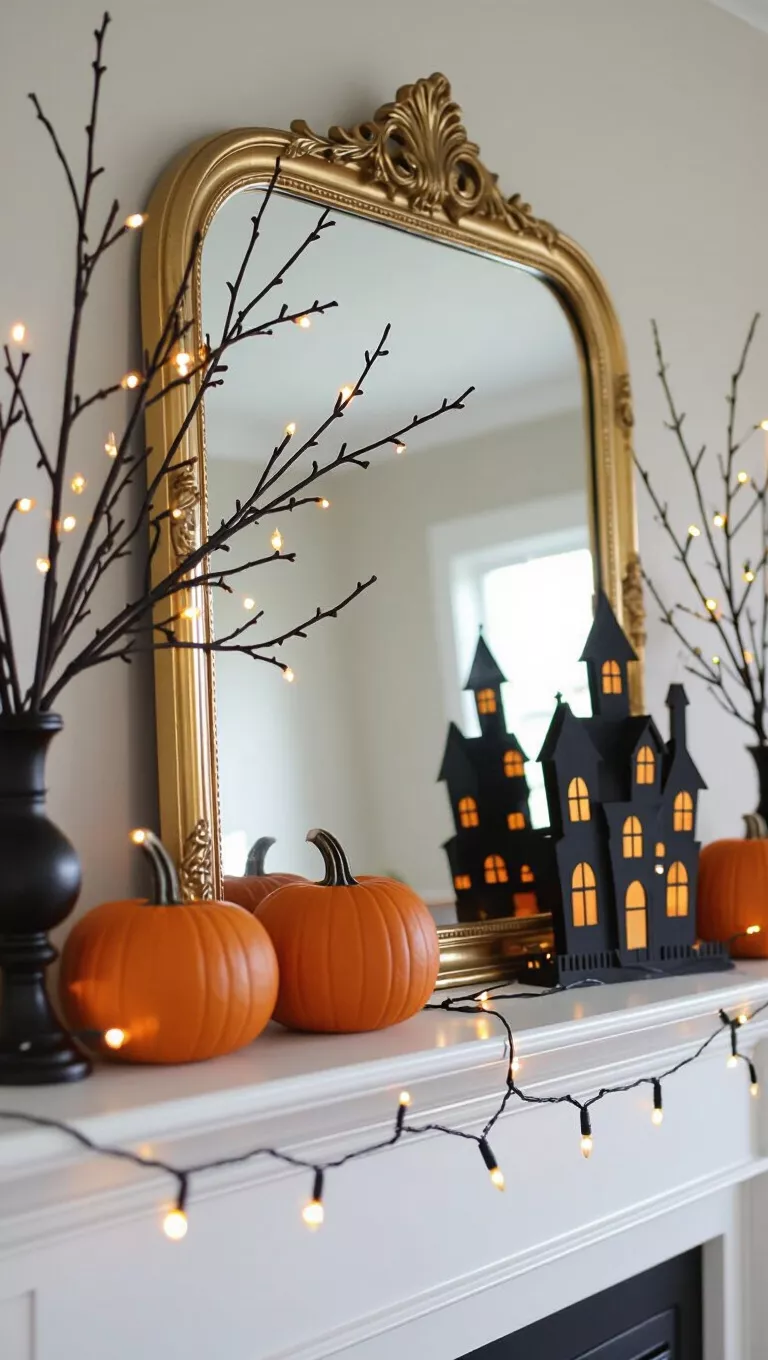 A photo of a mantle with a gold mirror, bare branches, string lights, a black haunted house, and pumpkins.