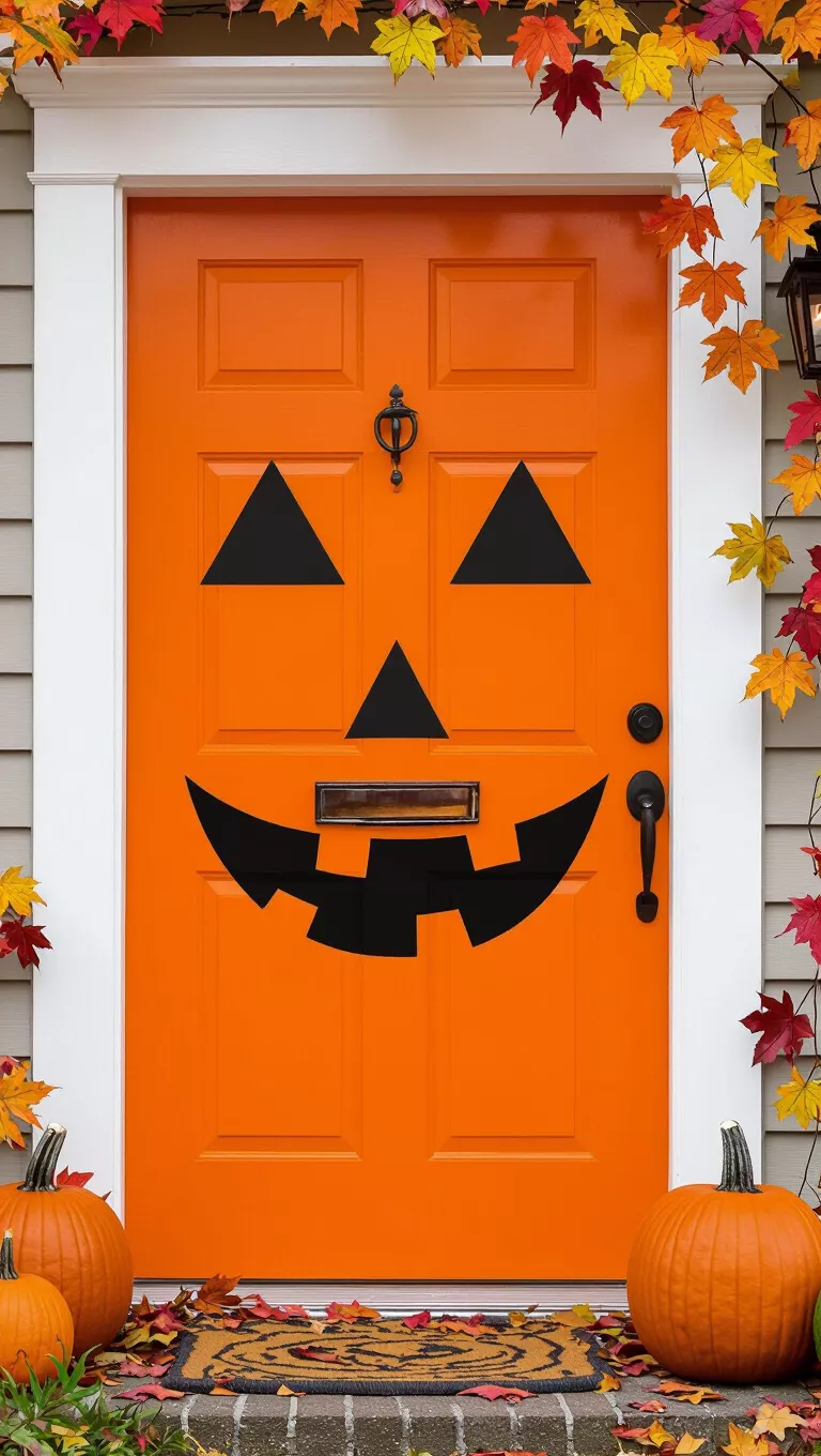 A photo of an orange front door resembling a jack-o'-lantern with triangular eyes, a jagged mouth, autumn leaves, and pumpkins.