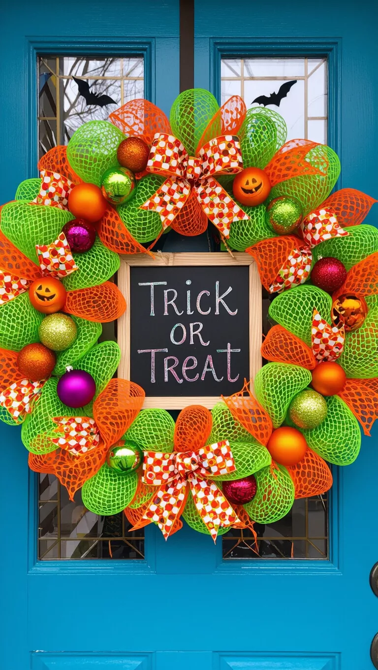 A photo of a bright blue door adorned with a vibrant Halloween wreath made of orange and green mesh, colorful ornaments, and a 