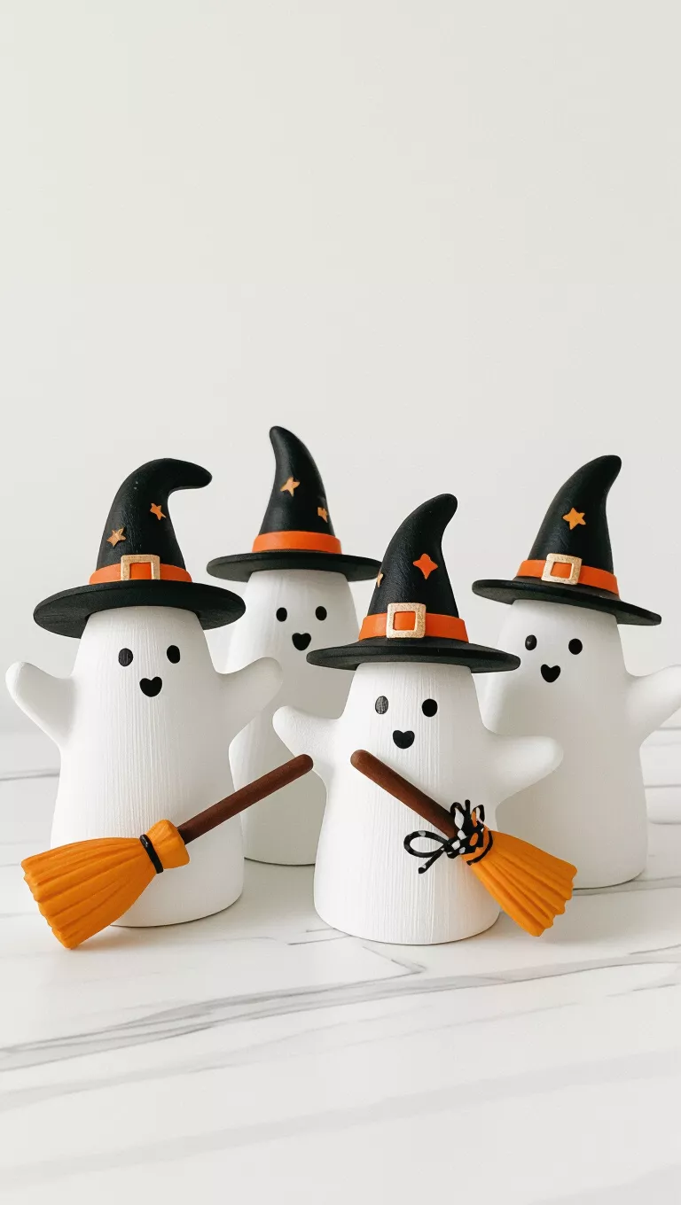 A photo of four charming white ghost figurines made of wood, decorated with whimsical Halloween accessories like witch hats and a broom.