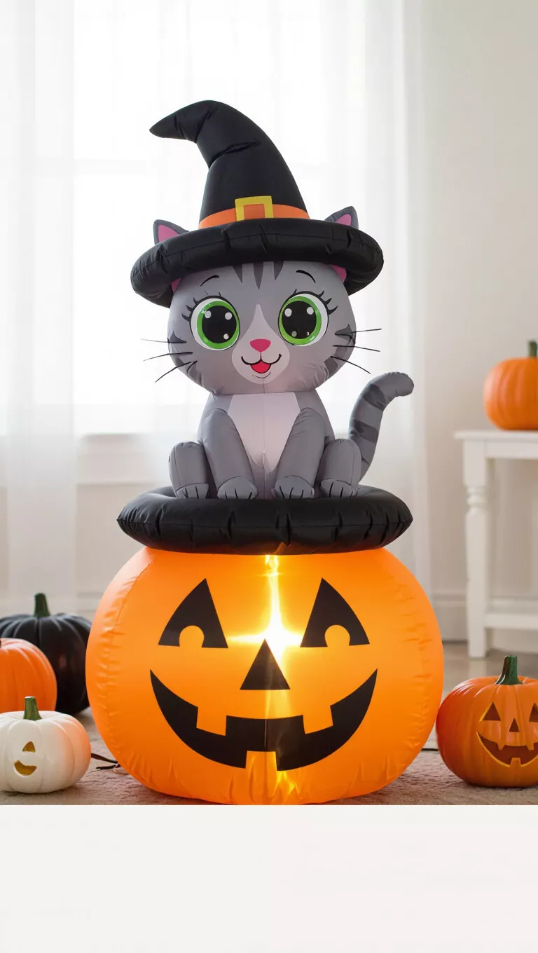 A photo of an inflatable Halloween decoration features a grey cartoon cat with large eyes wearing a black witch
