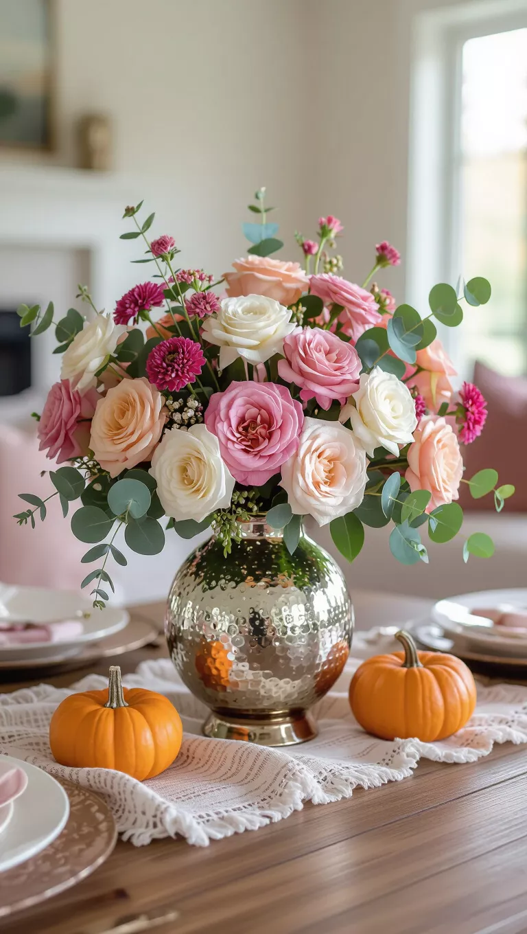 A photo of a living room table featuring a pretty fall floral arrangement in a mercury glass vase, with soft peach, dusty pink, and cream-colored blooms mixed with seeded eucalyptus.
