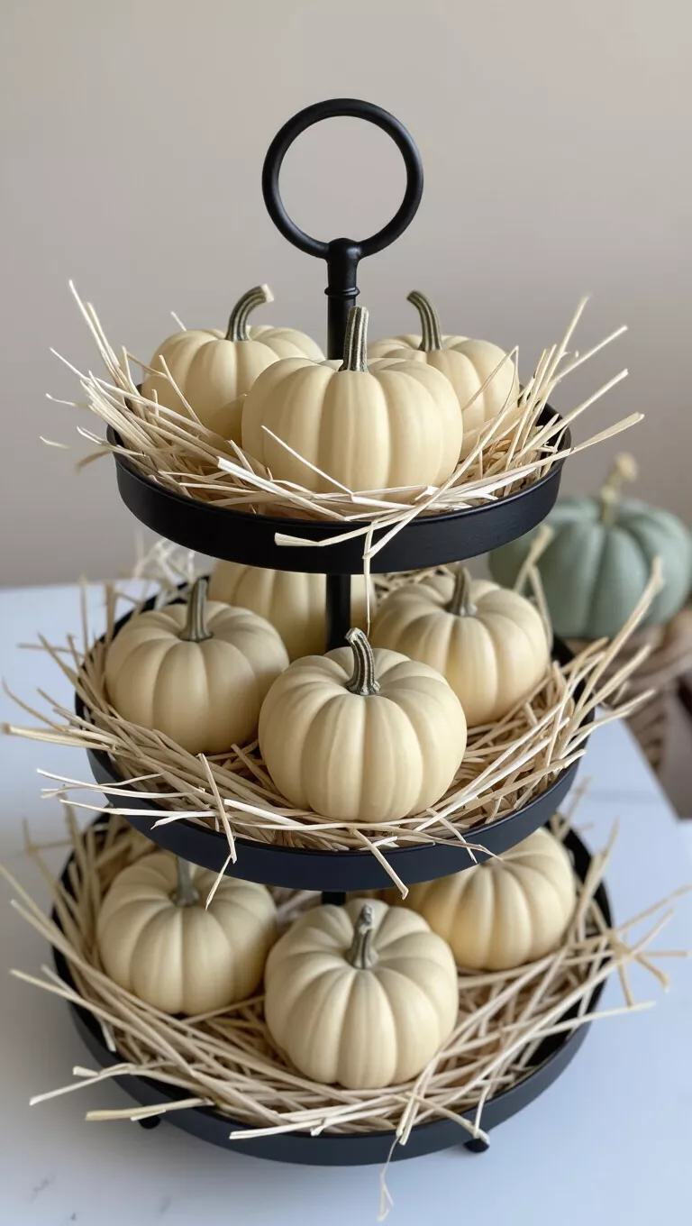 A photo of a black metal tiered stand holding cream-colored mini pumpkins nestled in hay-like straw.