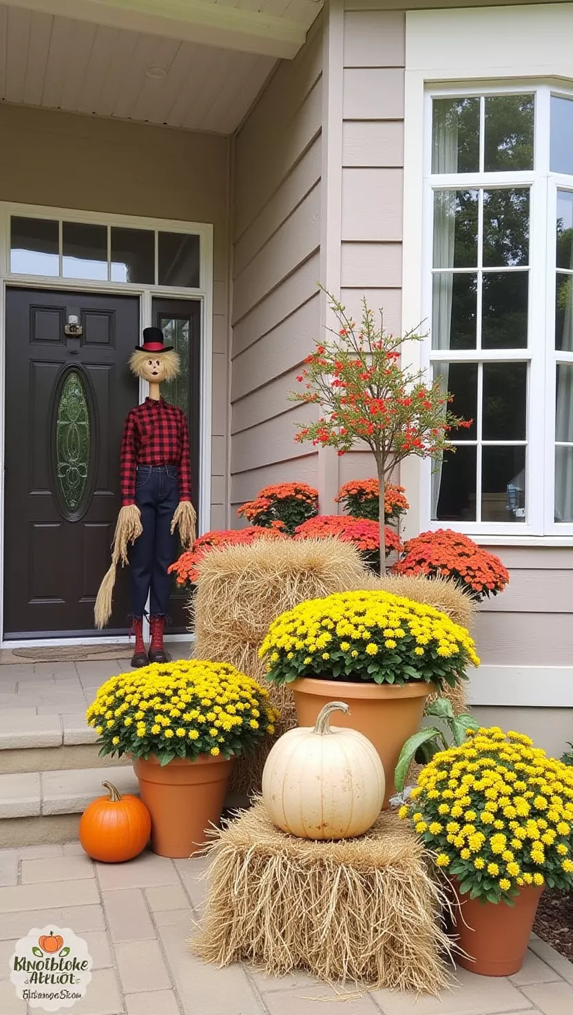 A professional photo, similar to a photo in a home design magazine, of a scarecrow with pumpkins, hay bales, and potted chrysanthemums decorating a front porch.