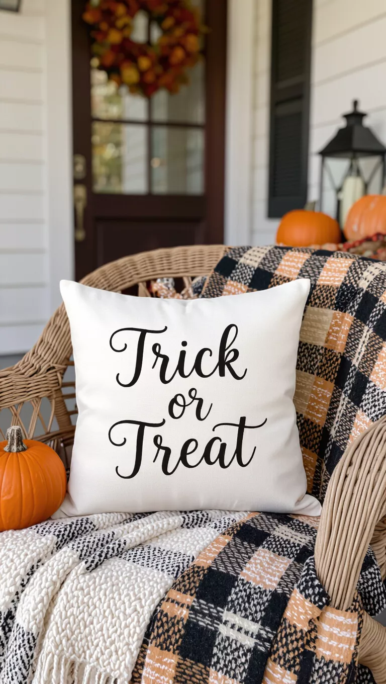 A photo of a white toss pillow with 'Trick or Treat' elegantly written in script resting on a wicker chair on a porch, with autumn decor in the background.
