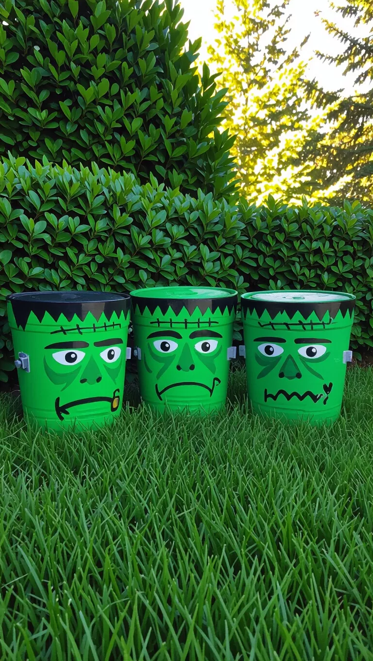 A photo of three green containers painted to resemble Frankenstein's monster faces displayed in a grassy outdoor setting with green bushes.