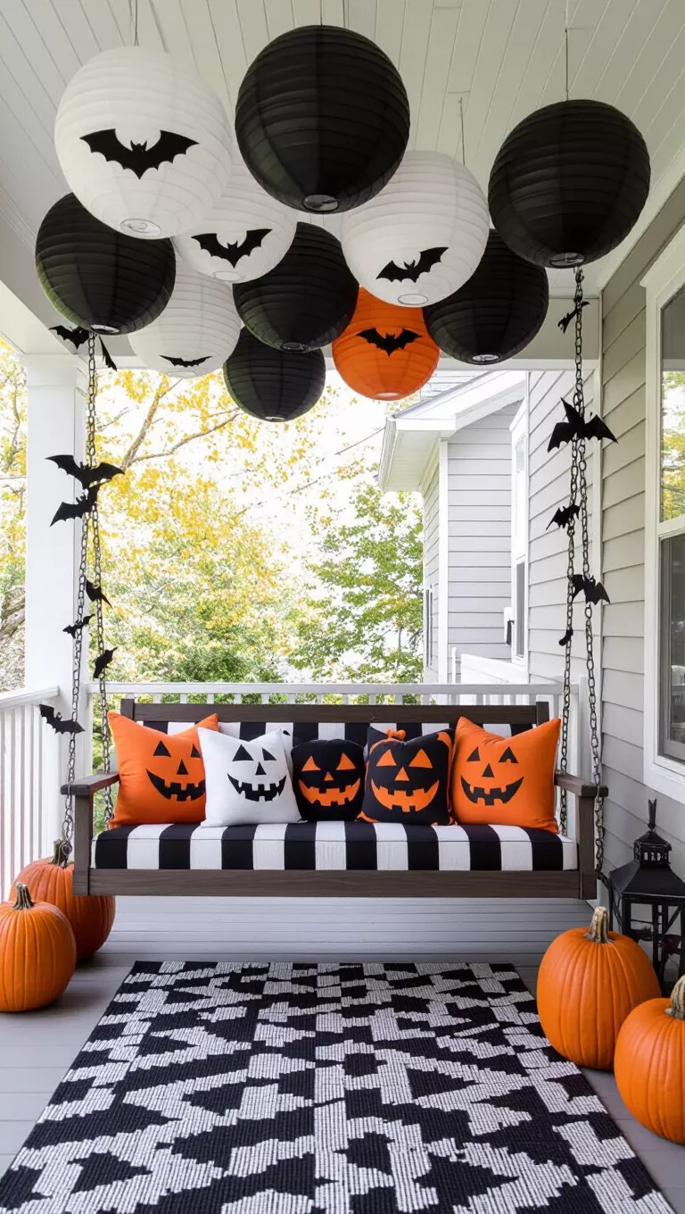A photo of a porch swing with Halloween pillows, flanked by pumpkins, under a canopy of hanging black, white, and grey paper lanterns with cutout bats.