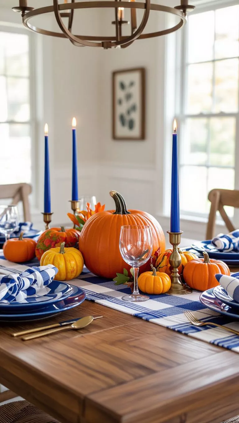 A photo of a dining room table featuring bold blue and orange fall table decor with vibrant orange pumpkins, cobalt blue taper candles, and a blue and white striped runner.