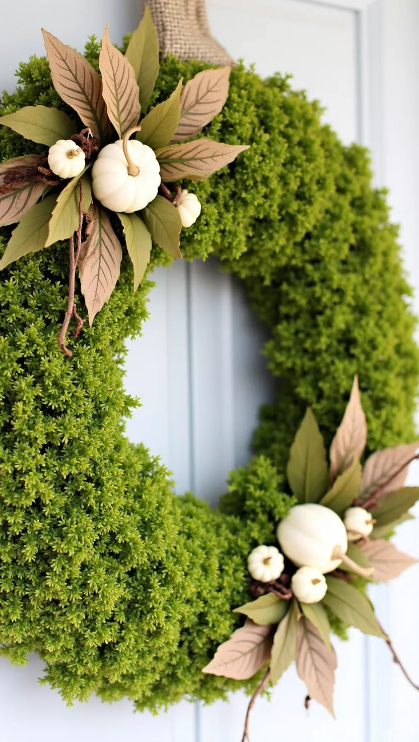 A professional photo, similar to a photo in a home design magazine, of a vibrant green moss wreath accented with small white pumpkins and leaves, creating a welcoming autumn decoration.