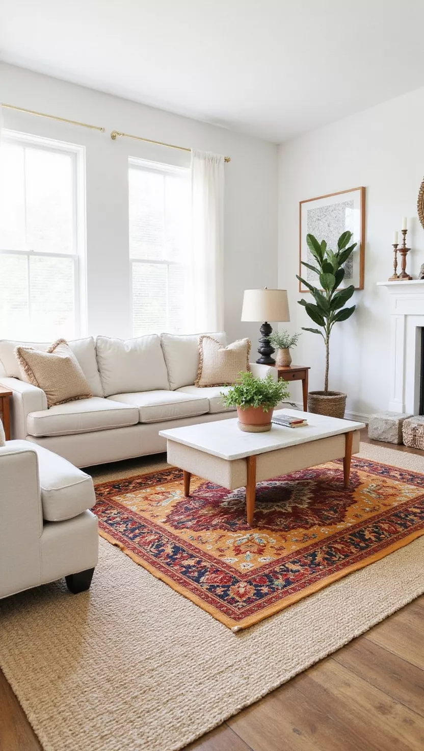 A professional photo, similar to a photo in a home design magazine, of a living room showcasing two layered rugs, a larger neutral sisal rug underneath a smaller, patterned rug in warm fall colors, adding depth and texture.