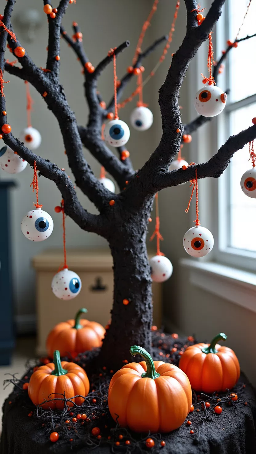 A photo of a spooky Halloween display features a tree with hanging eyeballs, pumpkins, and other dark-themed decor.