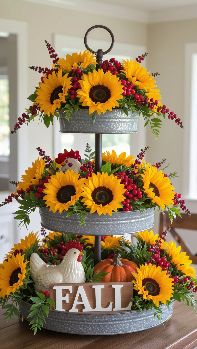 A professional photo, similar to a photo in a home design magazine, of a three-tiered galvanized metal tray overflowing with bright sunflowers, colorful berries, lush foliage, a charming ceramic chicken, and a 