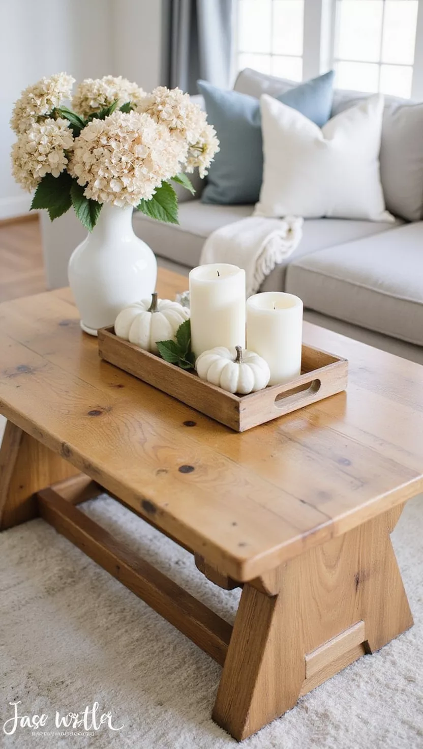 A professional photo, similar to a photo in a home design magazine, of a sturdy, rustic wooden coffee table with visible grain and knots, adorned with simple fall decor like a single vase of dried hydrangeas and a few pillar candles.