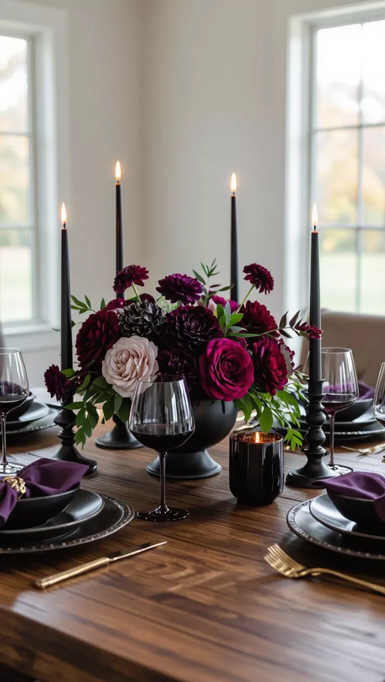 A photo of a dining room table featuring a dark and dramatic fall centerpiece with deep plum-colored flowers, black candles, dark-stained wood elements, and hints of metallic accents.