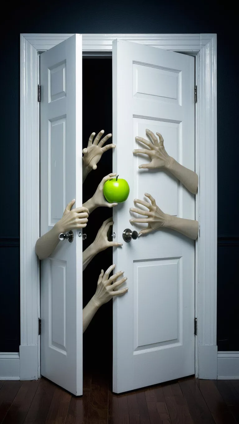 A photo of five creepy, pale prop hands emerging from a white door, holding a bright green apple.