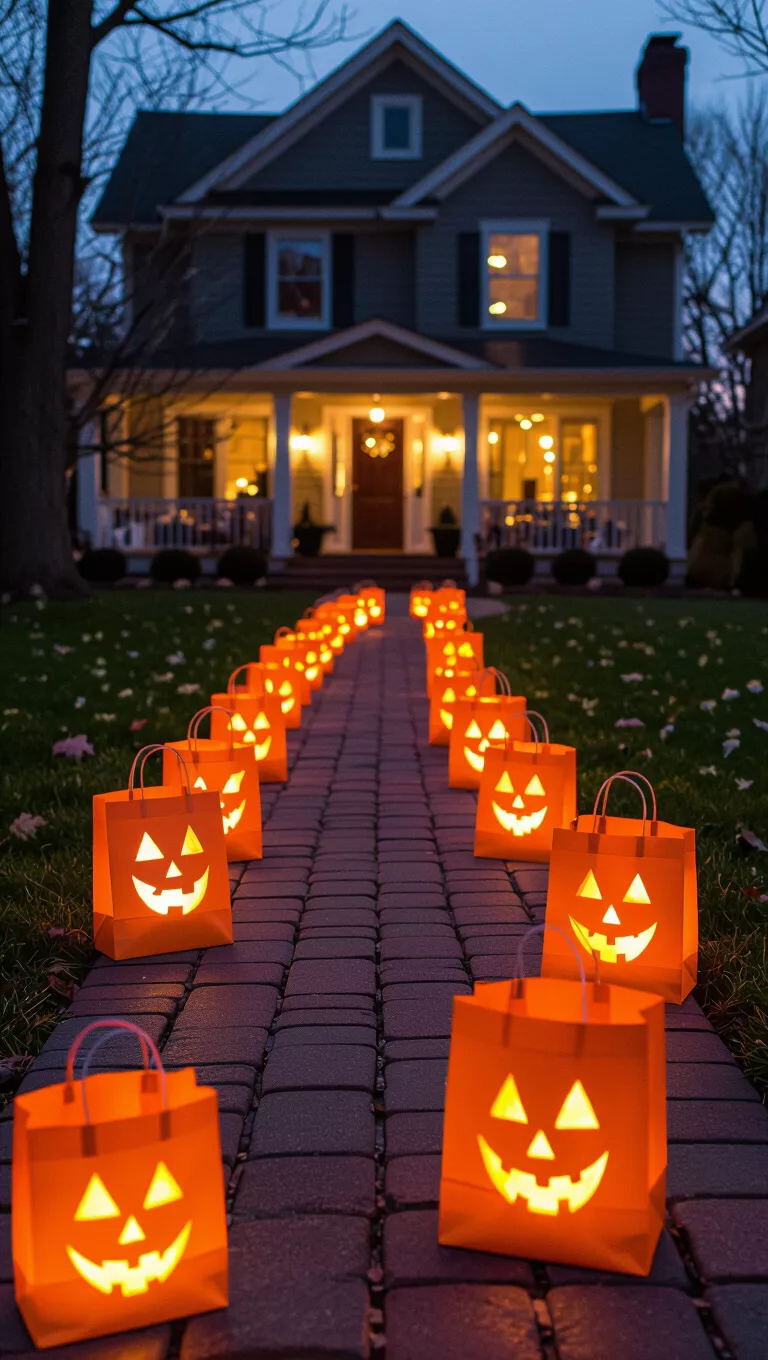A photo of orange paper bags with carved pumpkin faces lighting up a pathway, creating a festive luminaria display leading to a house at dusk.