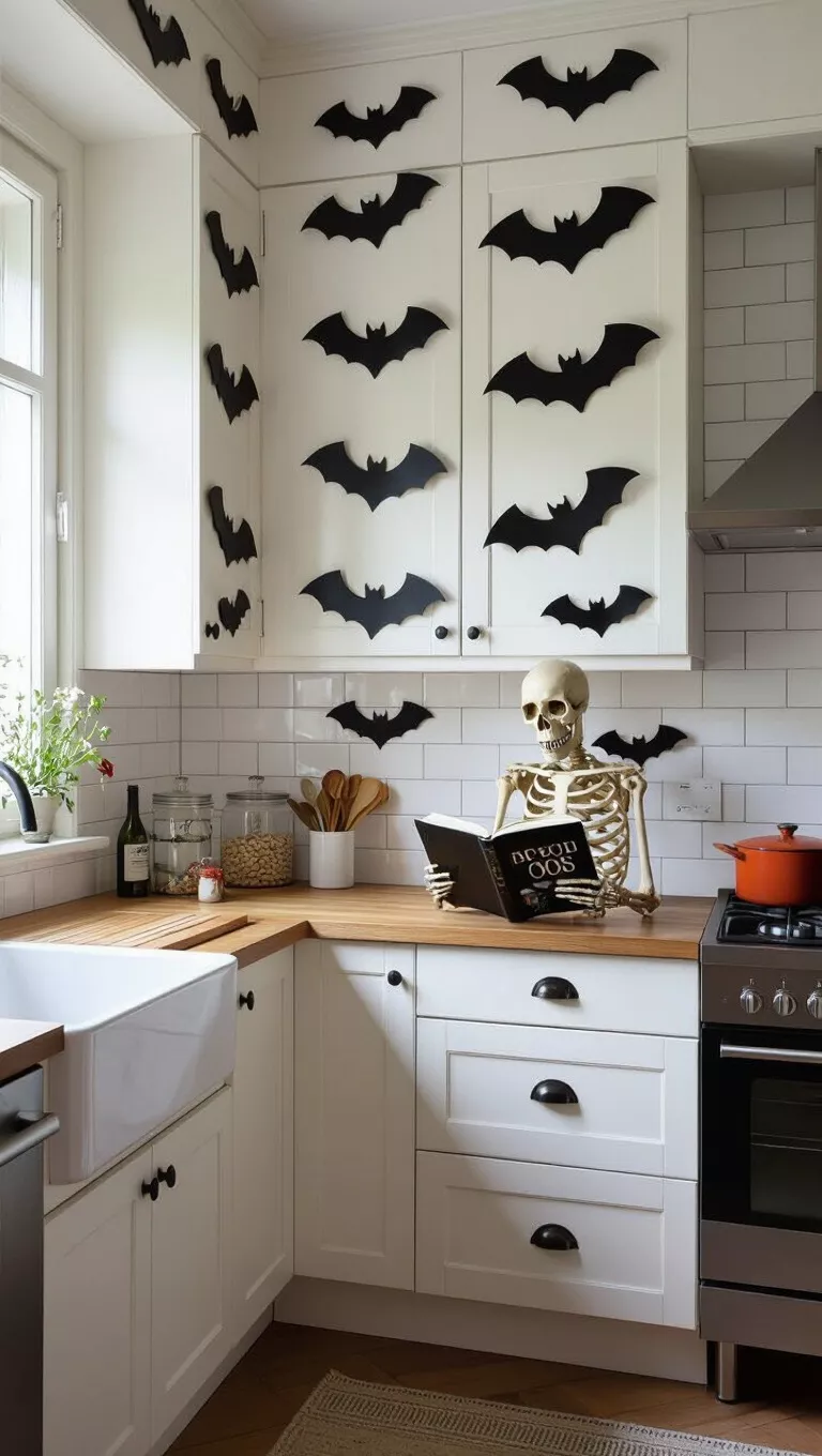 A photo of a kitchen with white cabinets decorated with numerous black bat cutouts on the walls and a skeleton reading a cookbook.
