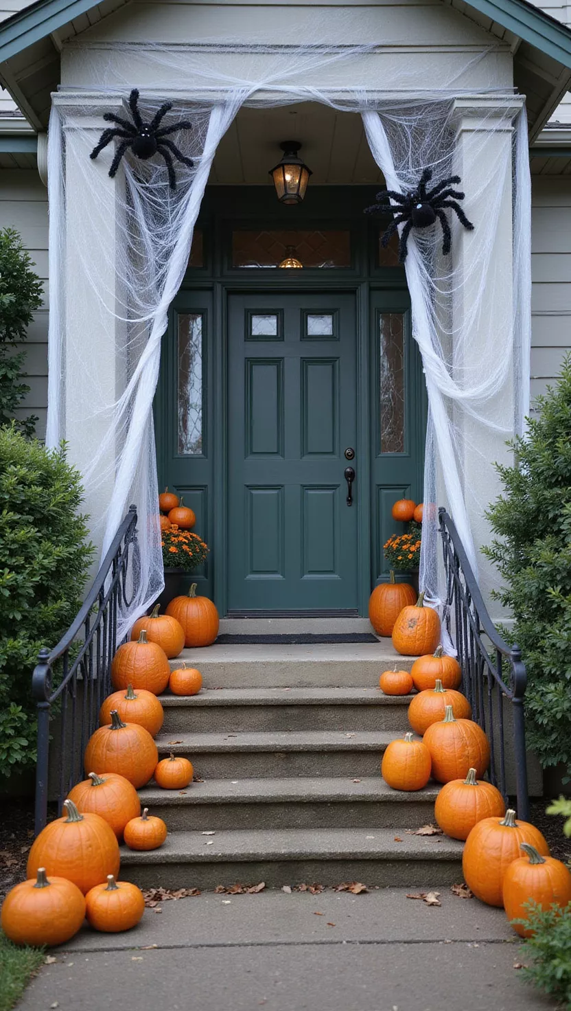 A photo of a heavily decorated house entrance with giant cobwebs, large spiders on the facade, and numerous carved pumpkins lining the porch stairs.