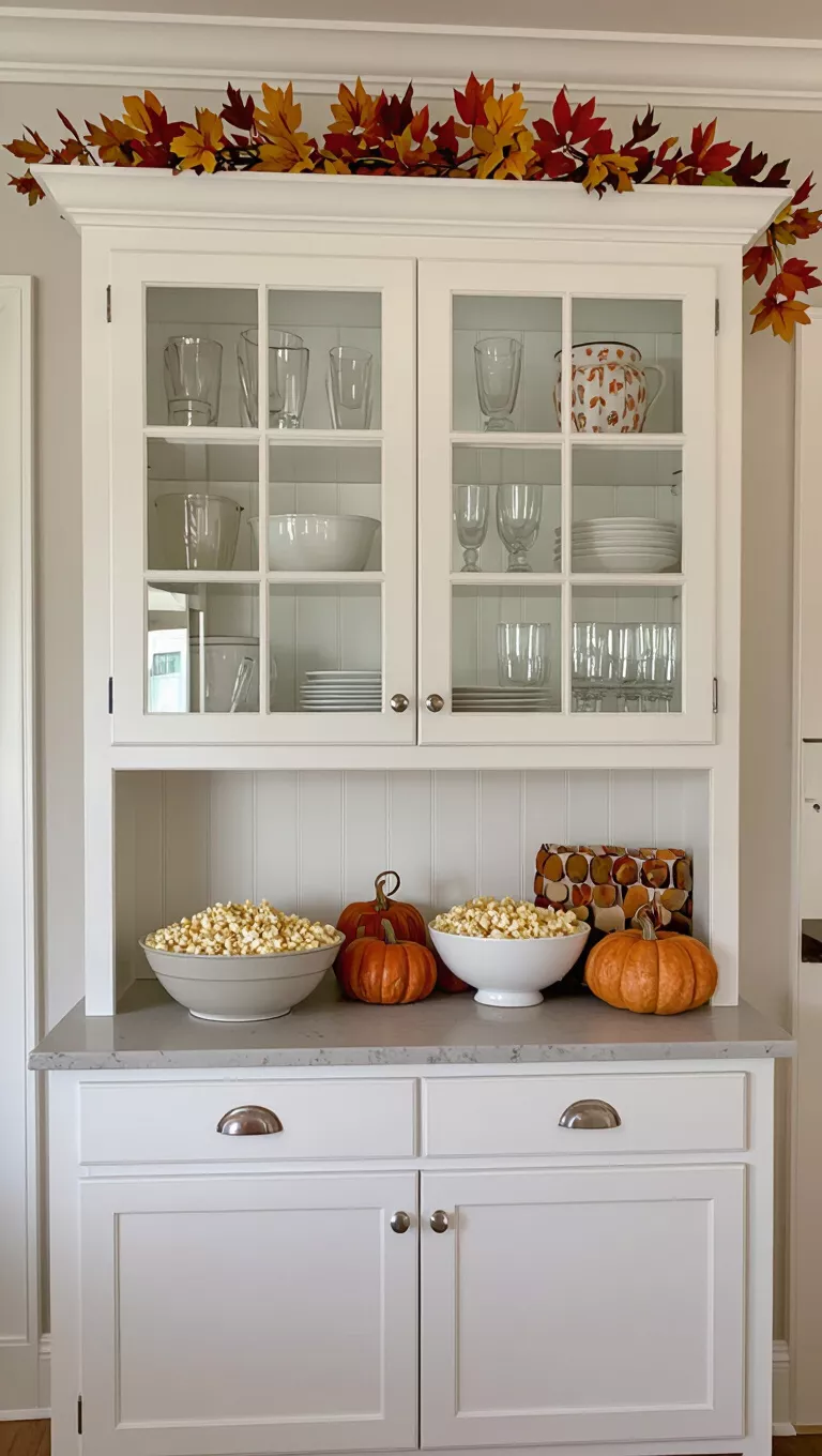 A photo of a built-in kitchen hutch with glass-front cabinets displaying various glassware, with a counter holding popcorn bowls and fall decorations.
