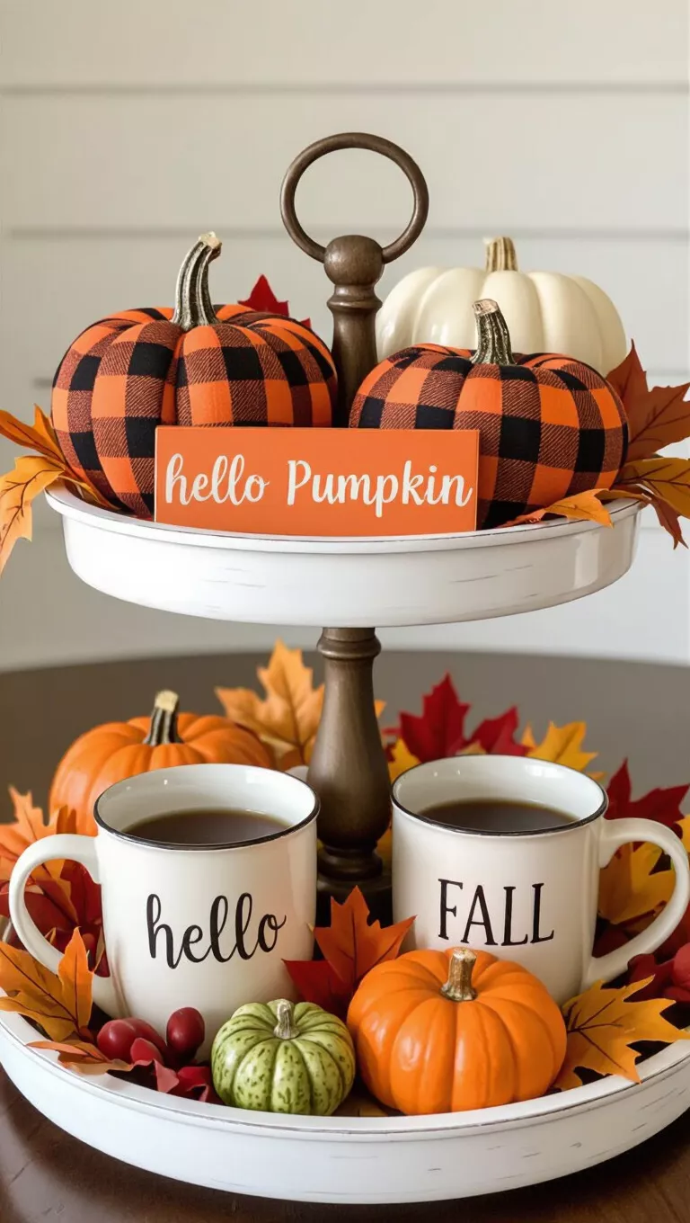 A professional photo, similar to a photo in a home design magazine, of a two-tiered white tray featuring plump plaid pumpkins, two mugs labeled 'HELLO' and 'FALL', a 'Hello Pumpkin' sign, and rich autumnal foliage.