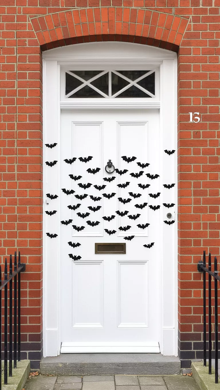 A photo of a white front door and red brick exterior adorned with numerous small black cutout bats scattered across the door frame.