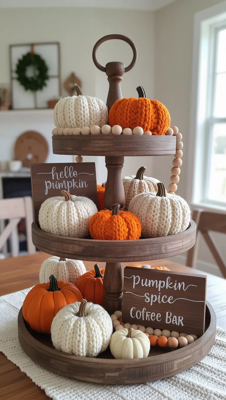 A professional photo, similar to a photo in a home design magazine, of a three-tiered wooden tray with decorative wooden beads, various knitted pumpkins, and signs for 'Hello Pumpkin' and 'Pumpkin Spice Coffee Bar'.