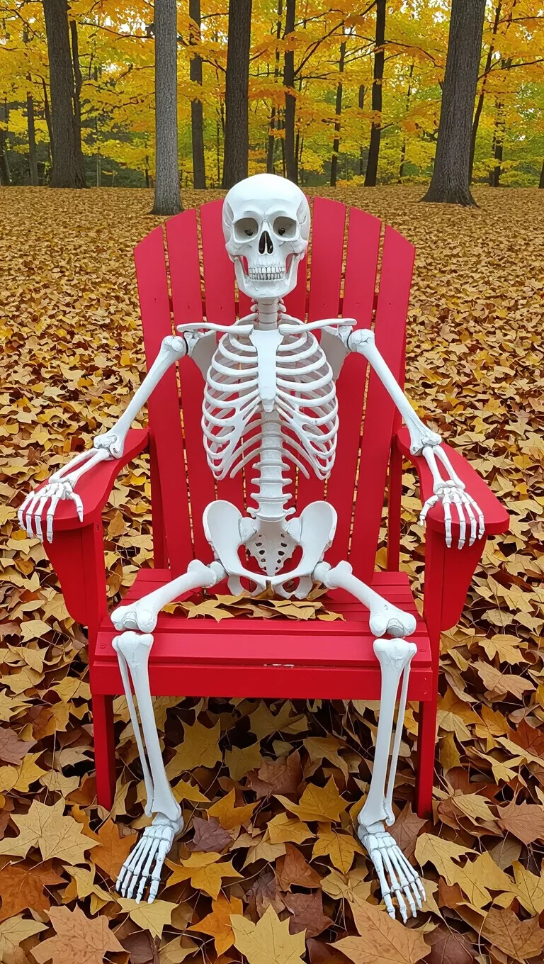 A photo of a full skeleton prop sitting casually in a red Adirondack chair surrounded by fallen autumn leaves.