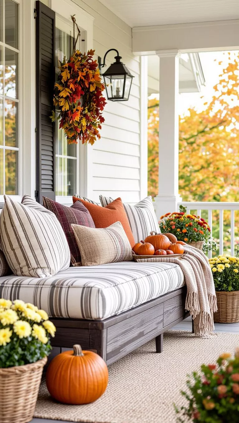 A professional photo, similar to a photo in a home design magazine, of an inviting autumn porch with a daybed adorned with striped pillows and an assortment of fall decorations, including apples.