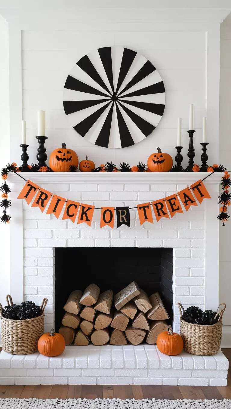 A photo of a white brick fireplace decorated for Halloween with a 'Trick or Treat' banner, black and white circular wall decor, and stacked logs.