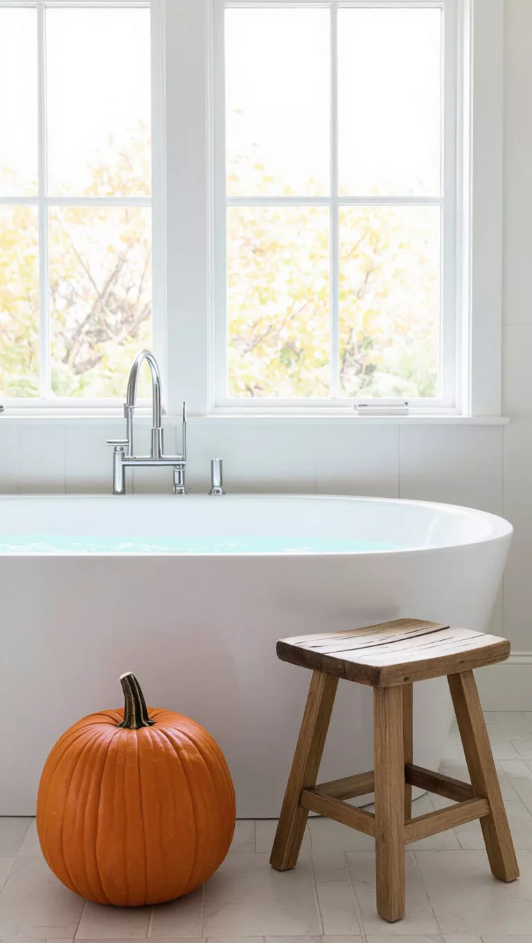 A photo of a light-filled bathroom with a pristine bathtub, a simple wooden stool, and a large decorative orange pumpkin placed on the floor for a subtle fall touch.