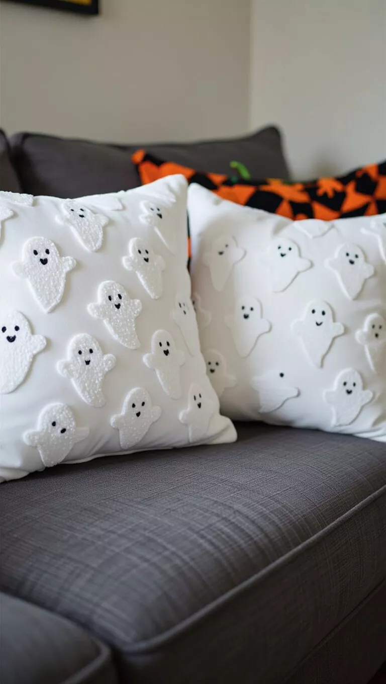 A photo of two white throw pillows decorated with numerous textured ghost shapes rest on a grey couch, part of a cute Halloween decor.