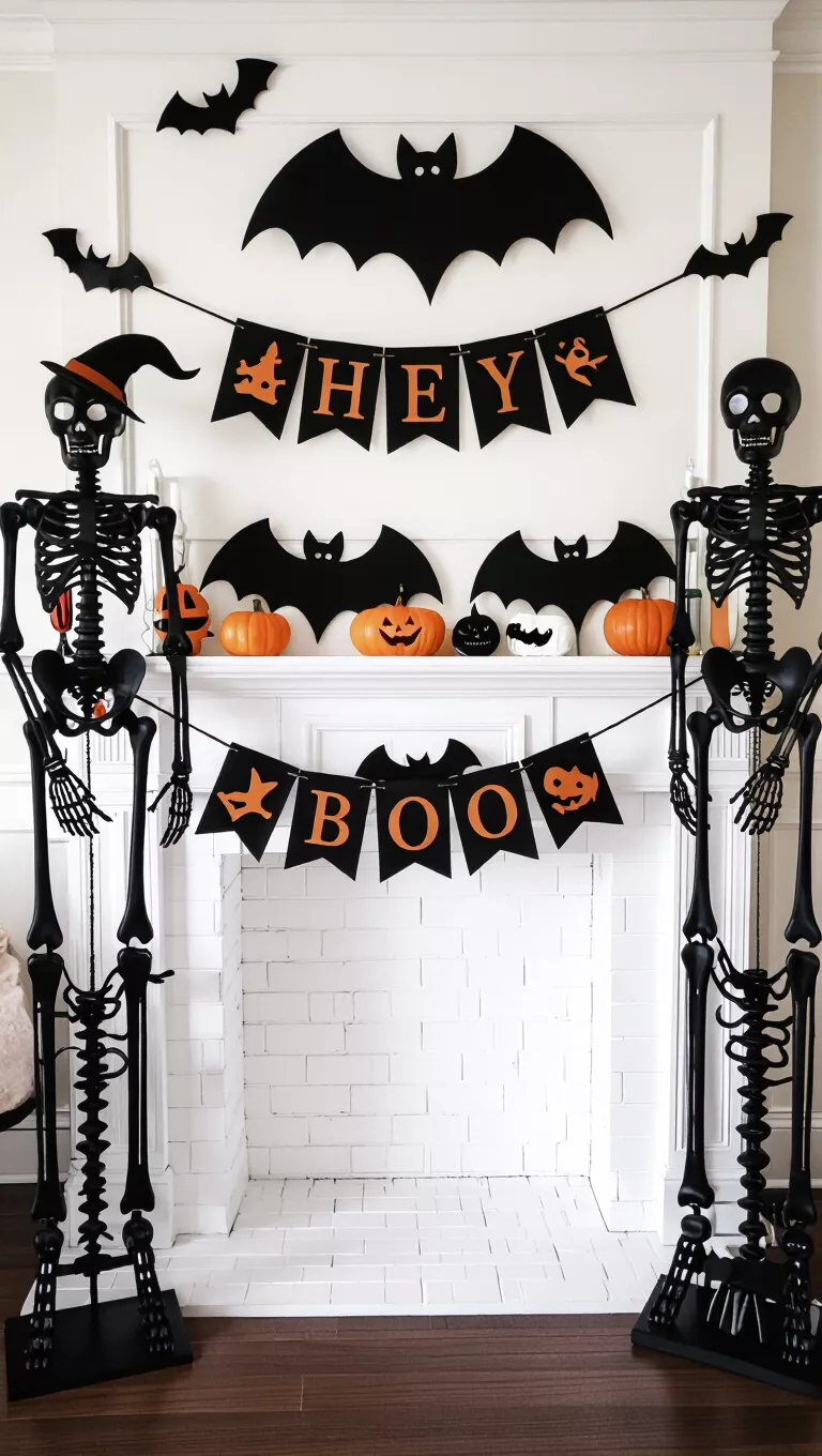 A photo of a fireplace decorated for Halloween with a 