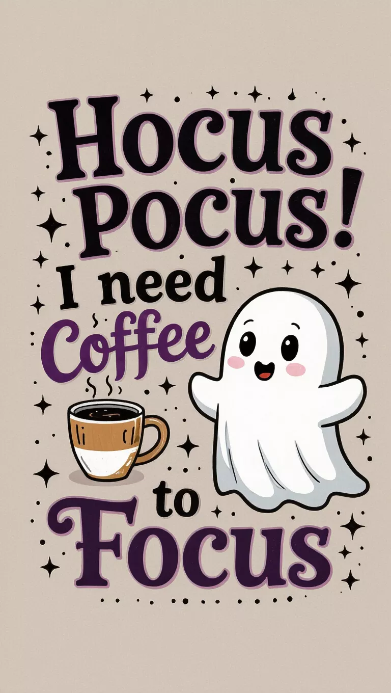 A photo of a cute ghost holding a coffee cup, alongside the whimsical text 'Hocus Pocus I Need Coffee To Focus' in pink, purple, and black.