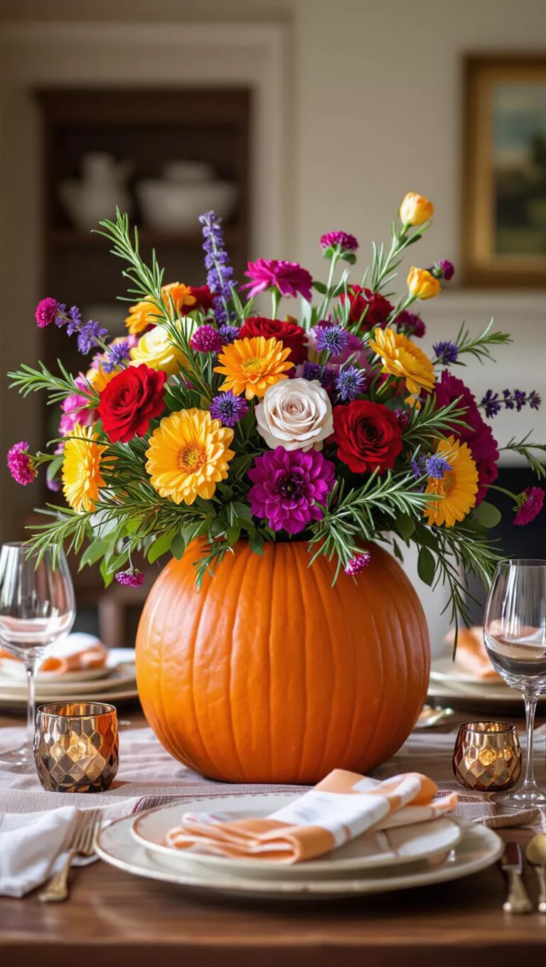 A professional photo, similar to a photo in a home design magazine, of a large orange pumpkin as a unique vase for a lively arrangement of colorful flowers and rosemary, warm table settings.