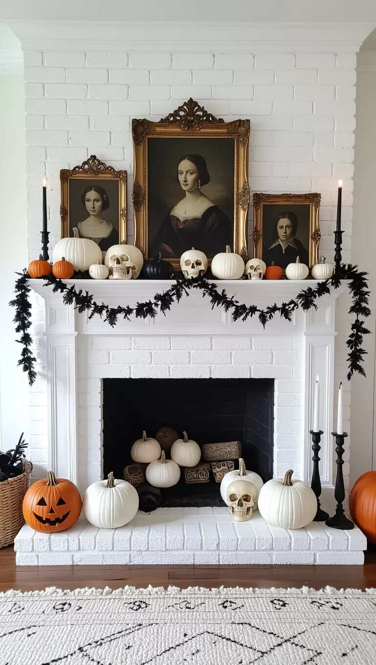 A photo of a white brick fireplace decorated for Halloween with antique-style portraits, white pumpkins, skulls, and black candlesticks, creating a spooky aesthetic.