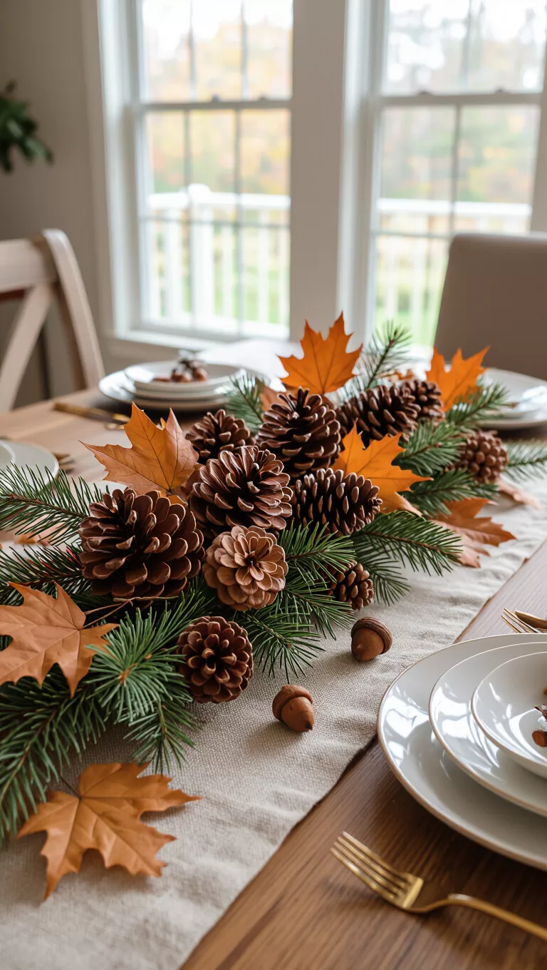 A photo of a dining room table featuring a natural fall centerpiece with gathered pinecones, acorns, small twigs, and preserved leaves loosely arranged on a linen runner.