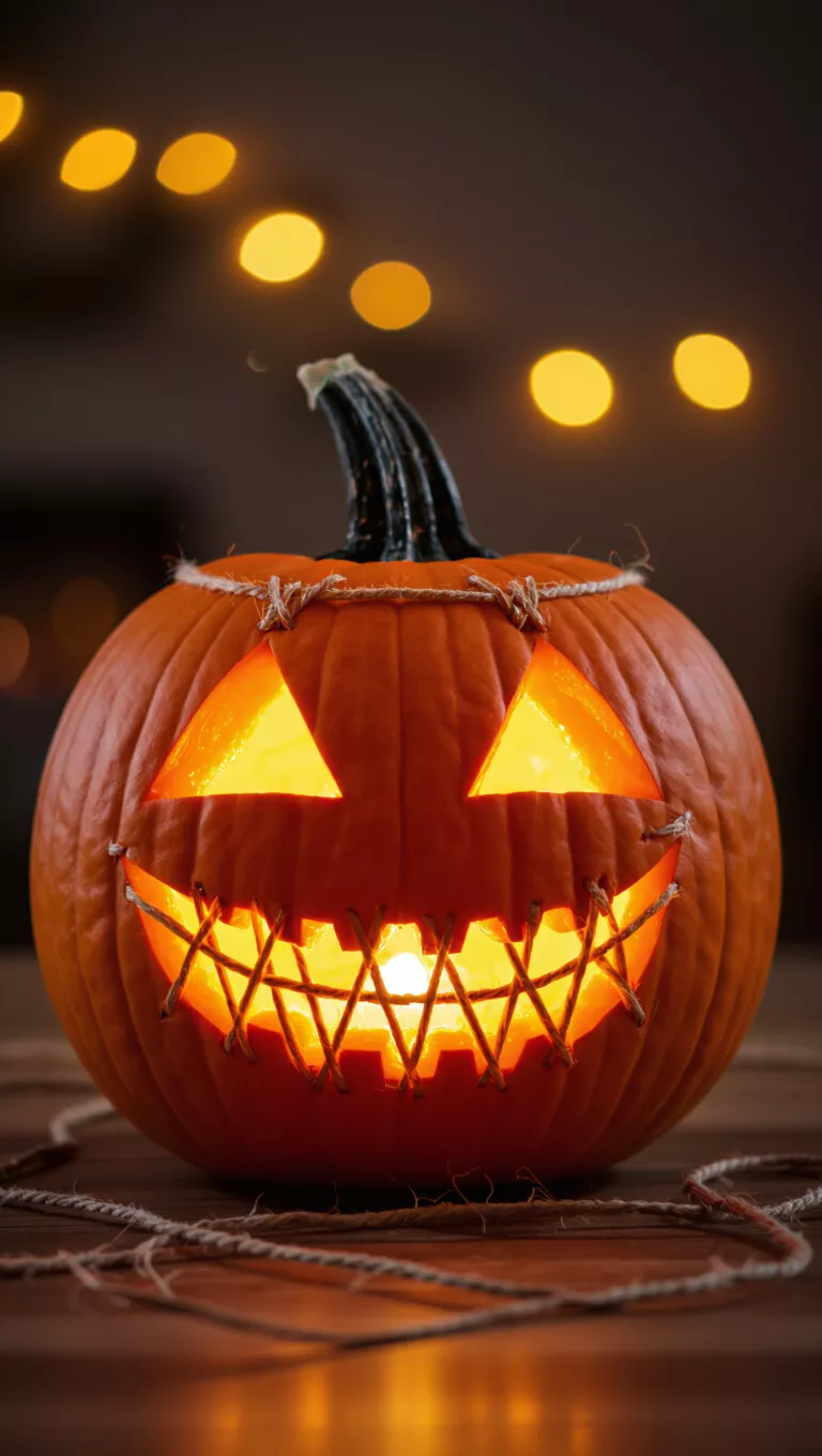 A photo of a carved pumpkin with a stitched mouth design using twine, with glowing lights inside.