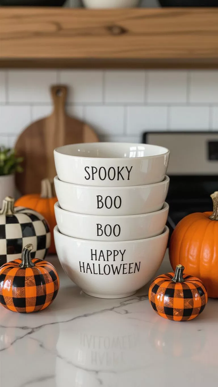 A photo of a kitchen featuring a stack of three white Rae Dunn bowls, inscribed with 'SPOOKY,' 'BOO,' and 'HAPPY HALLOWEEN,' flanked by checkered pumpkins.