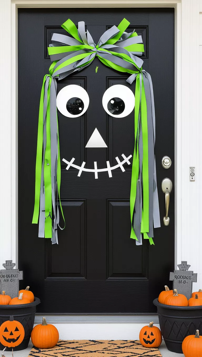 A photo of a black front door with green and gray streamers as hair, large white eyes, white tape stitches, and pumpkin-filled pots with tombstone decorations.