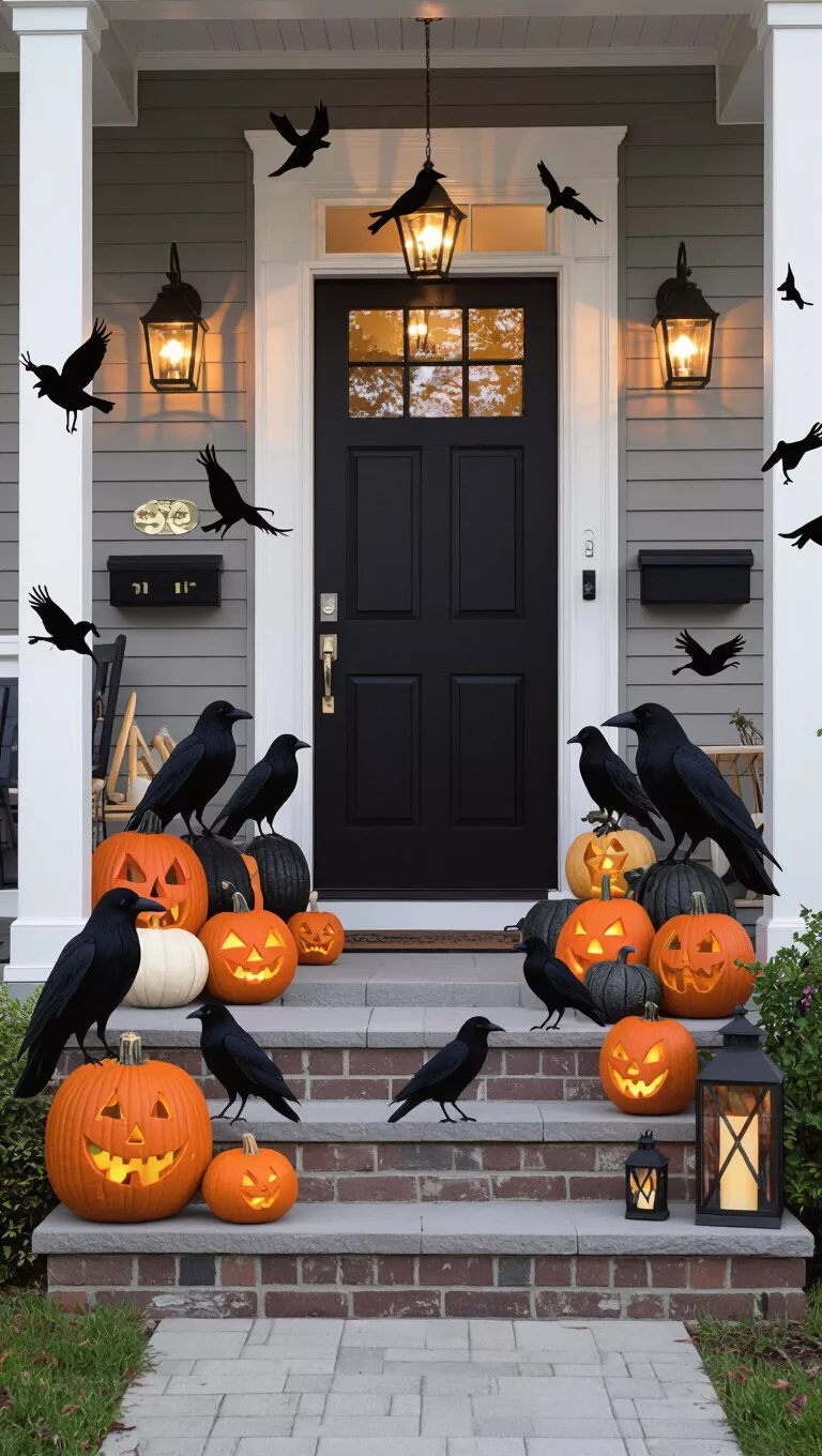 A photo of a Halloween front porch decorated with a spooky crow theme, featuring black crows, pumpkins, and lanterns against a gray background.