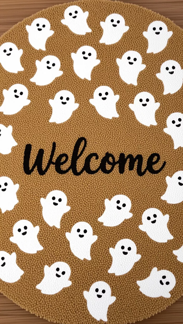 A photo of a tan door mat with a black ‘Welcome’ script, surrounded by numerous cute white ghosts.