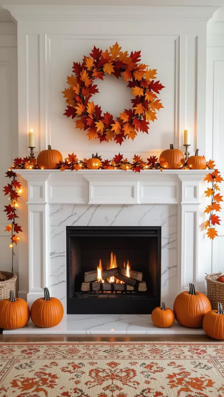 A photo of a luxurious white fireplace mantel decorated with an orange maple leaf wreath, pumpkins, and string lights, complementing the autumn-themed rug below.